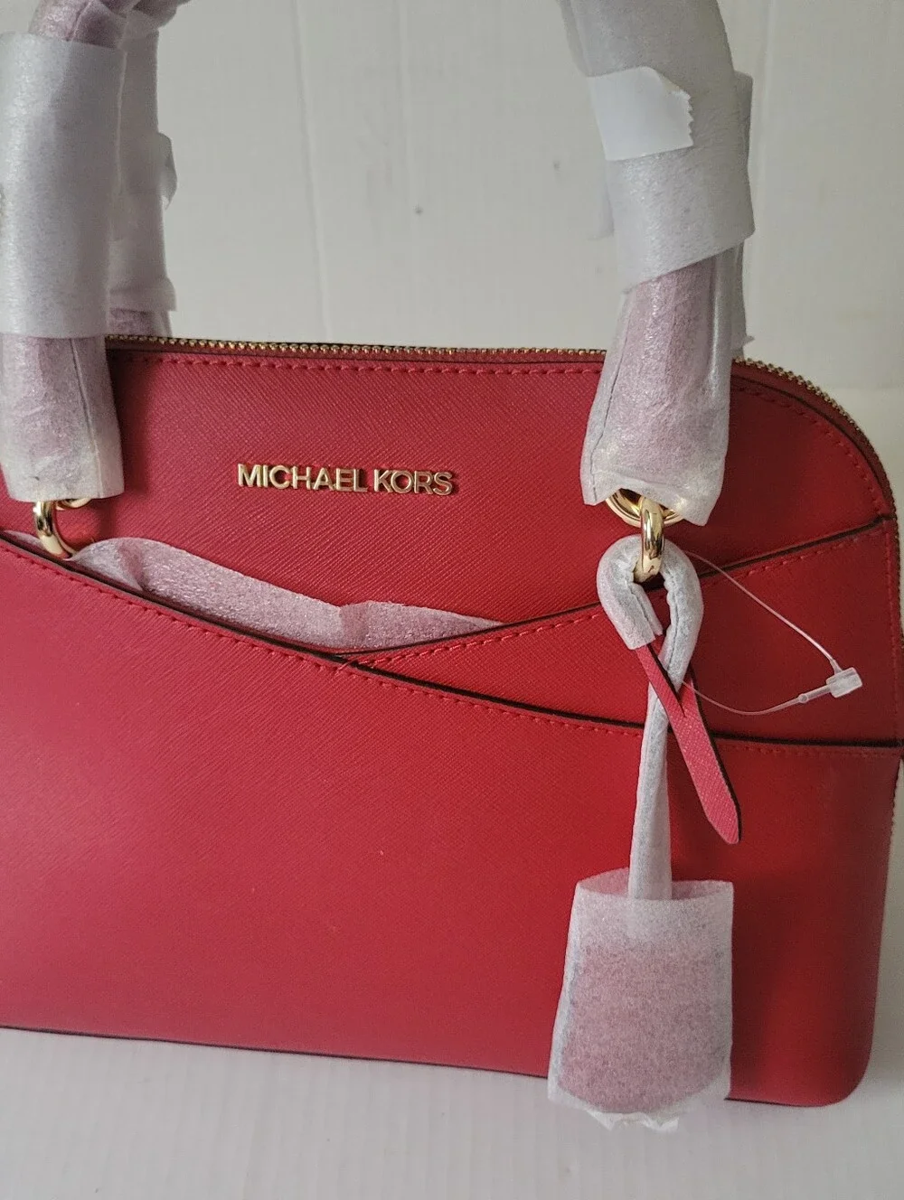 MICHAEL KORS Red Saffiano Dome Satchel with Gold Hardware